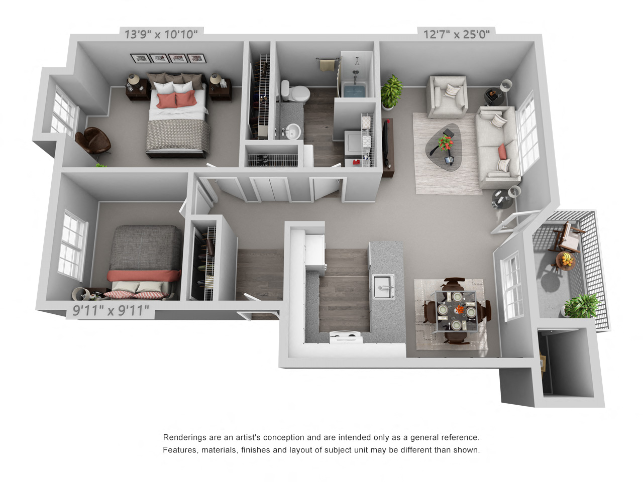 Floor plan for 2 beds, 1 bath, 957 sqft